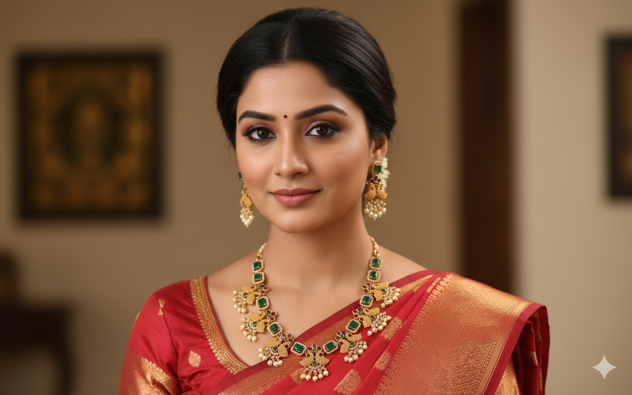 Royal Peacock Temple Necklace Set – Green & Gold Elegance