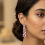 Pink Topaz & Diamond Bar Drop Earrings