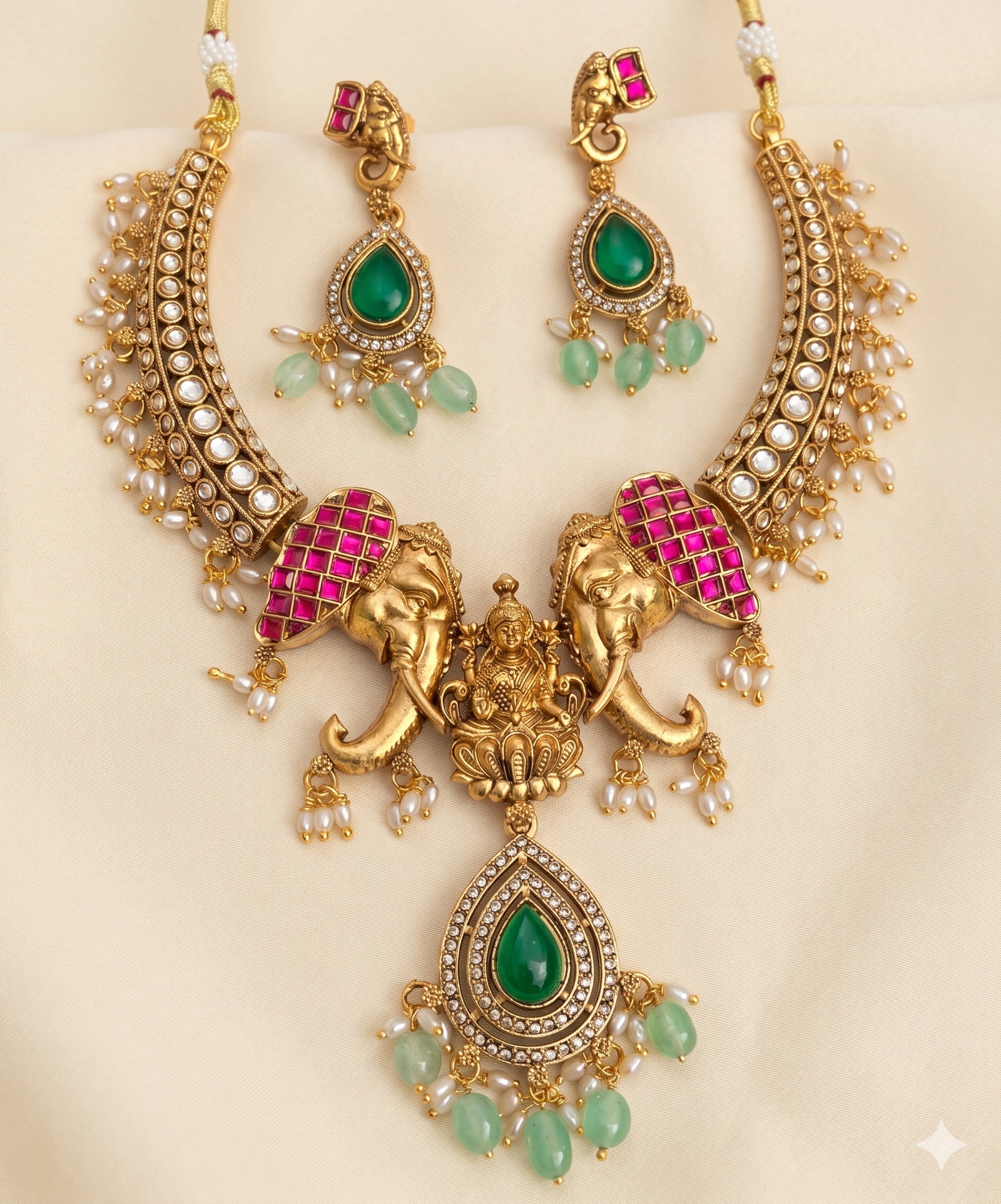 Gold Elephant & Lakshmi Temple Necklace Set